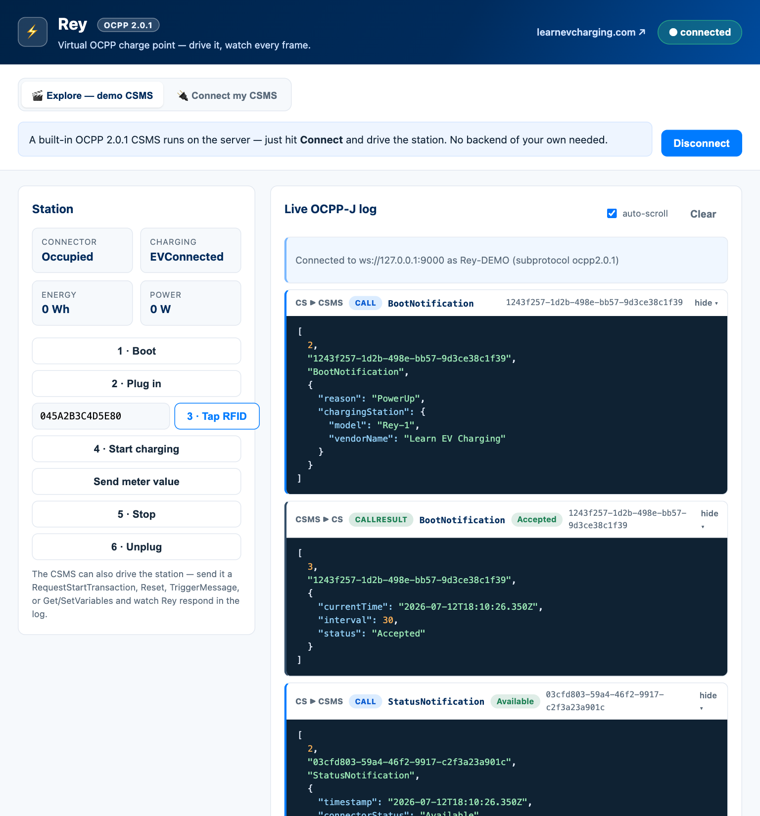 Rey — a virtual OCPP charge point running a live session in the browser, with the OCPP-J frame log
